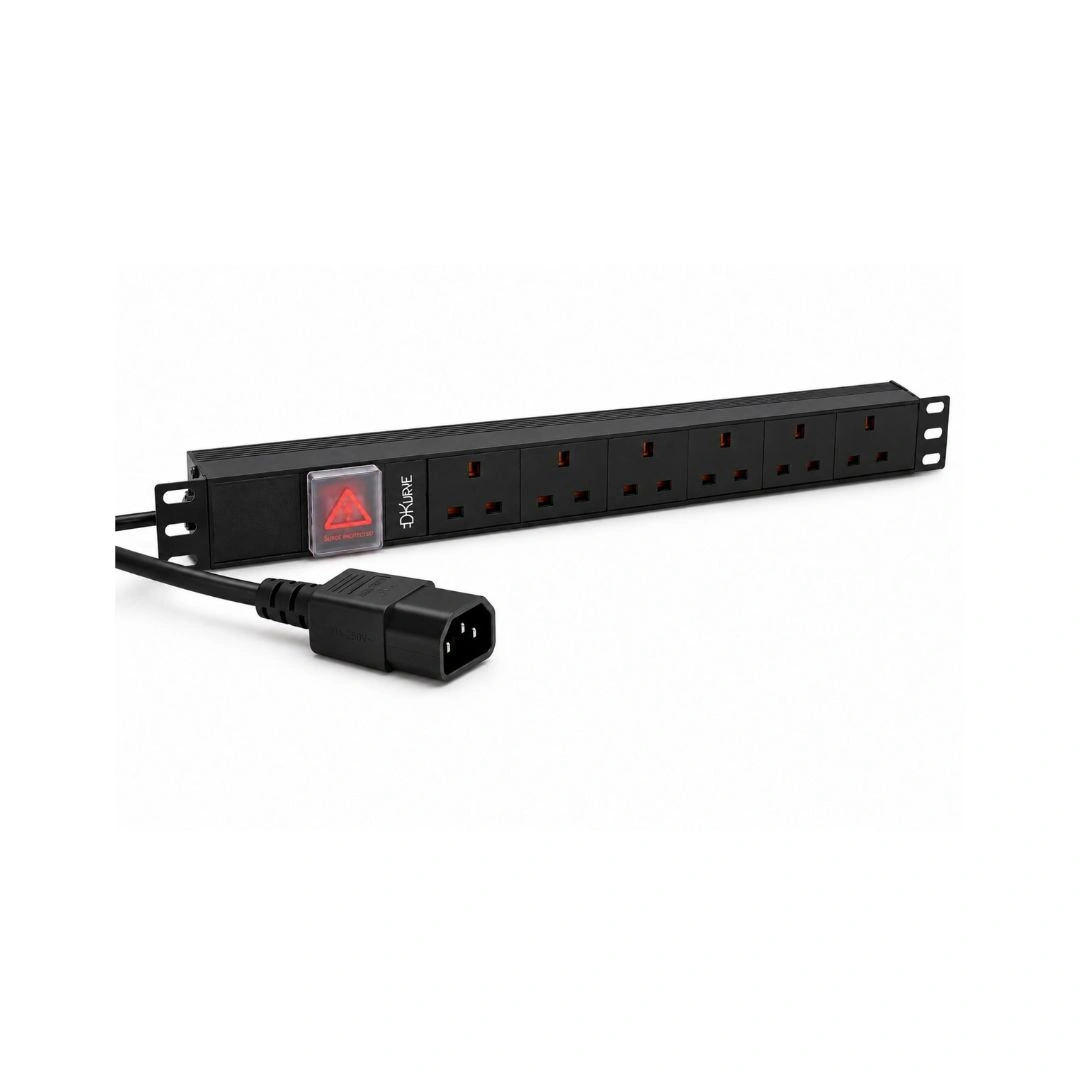 DKURVE 6 Way UK PDU with IEC C14 Input, 3M Cable, 1U Rack Mount