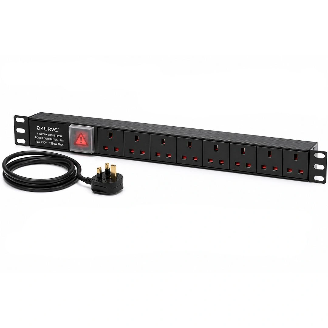 DKURVE 8 Way UK Rack PDU 1U 19 Inch Power Distribution Unit 13A 3250W