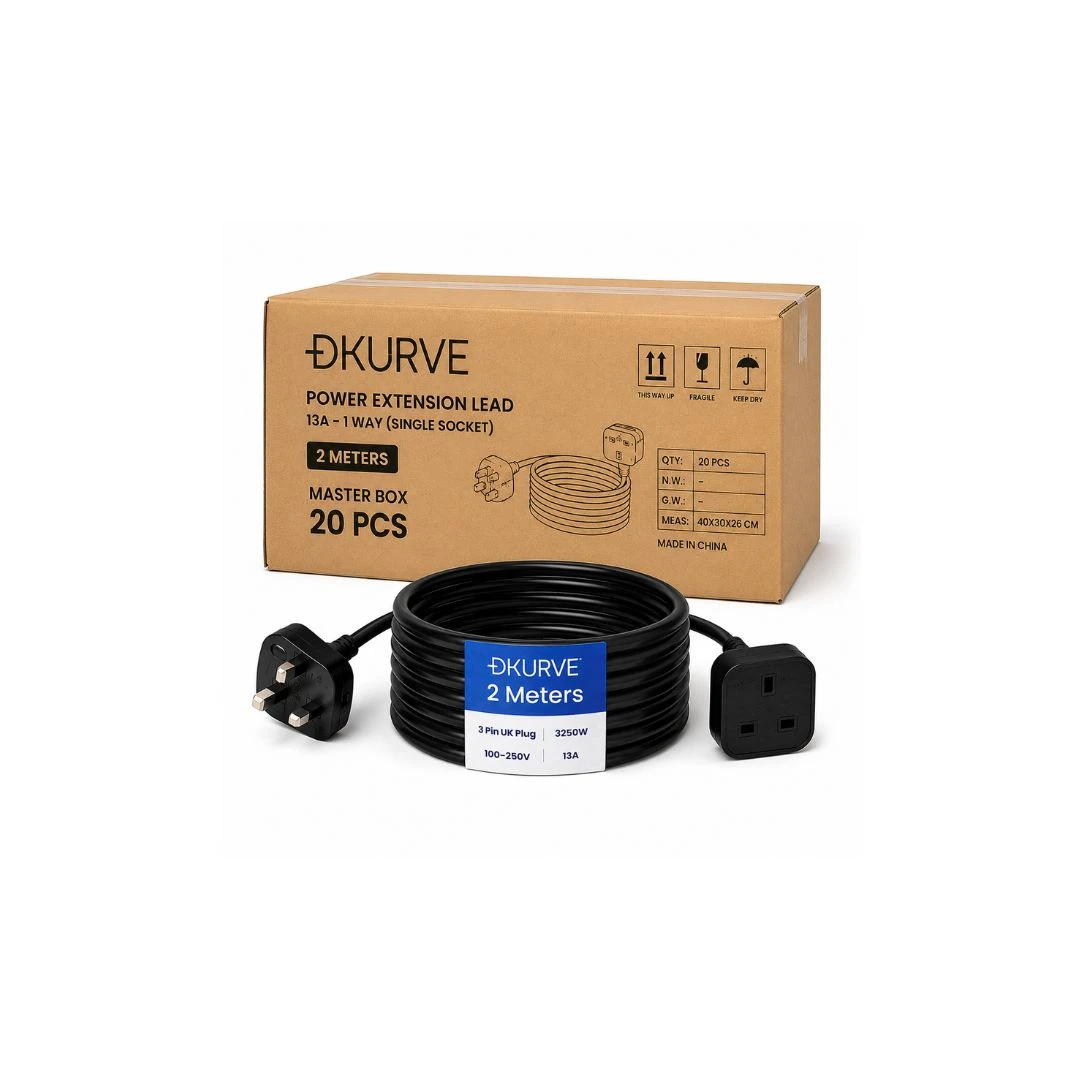 Wholesale DKURVE® UK Power Extension Lead 13A – 1 Way Single Socket Extension Cable with 3 Pin Fused Plug 2M | Bulk Supply UAE GCC Africa