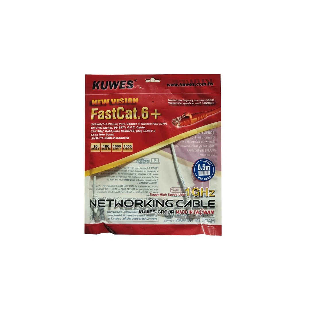 KUWES Cat6+ Patch Cord 0.5m Grey – Pack of 10