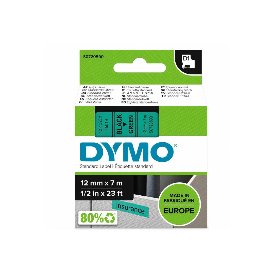 DYMO D1 Label Tape 45019 Green on Black 12mm x 7m (S0720590)