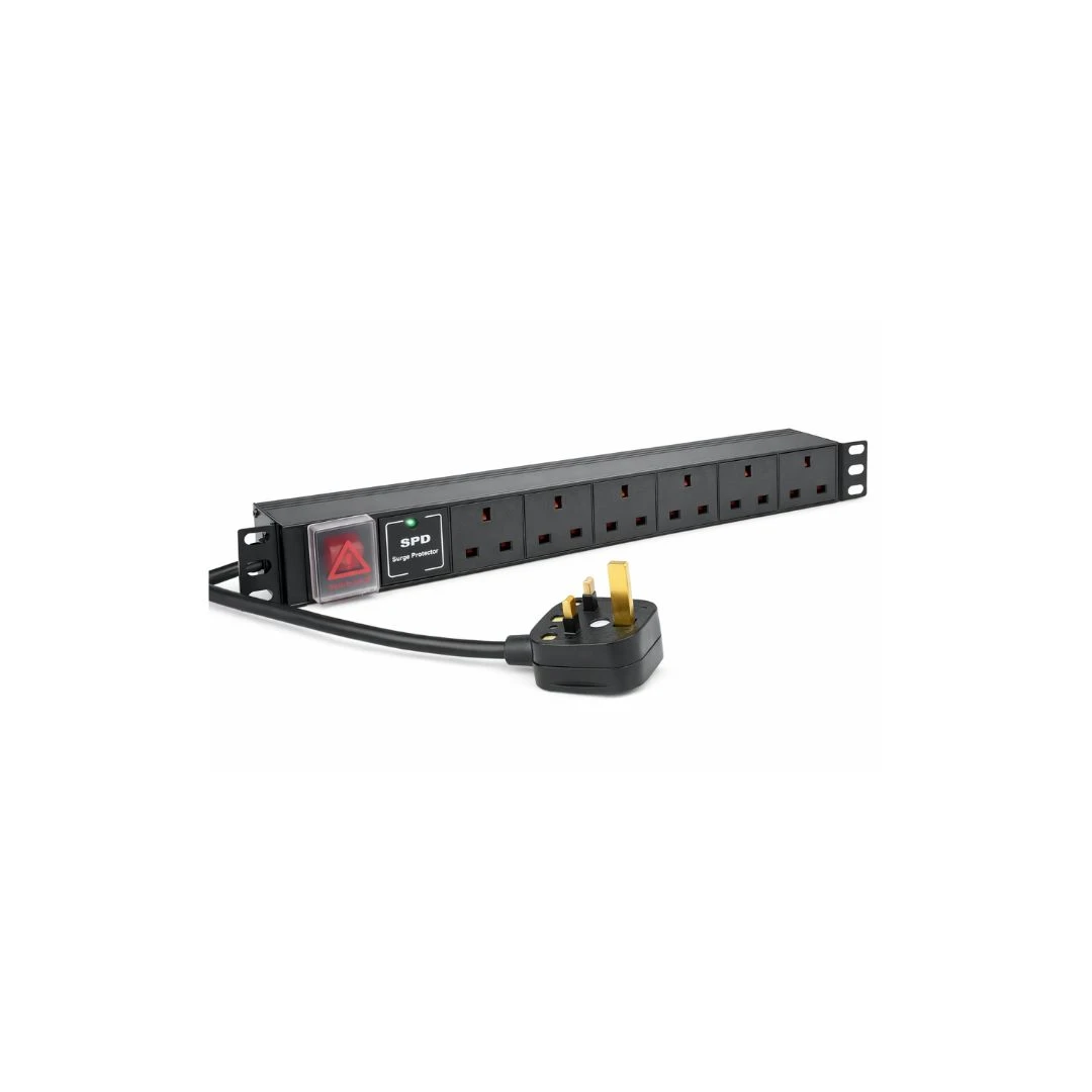 DKURVE® 6-Way UK Surge-Protected Rack PDU – 19″ Horizontal, 2m Cable
