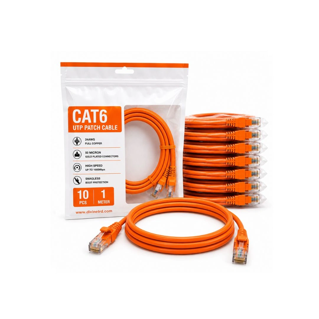 Cat6 UTP Patch Cable 1 Meter Orange – 24AWG Full Copper, 50 Micron Gold Plated RJ45, Pack of 10