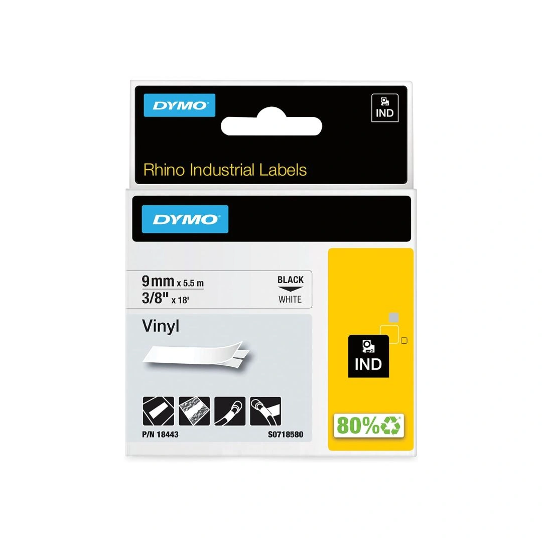 DYMO Rhino 18443 White Vinyl Label Tape 9mm x 5.5m (3/8") – Industrial Permanent Adhesive Label Cartridge for Cable, Equipment Labeling
